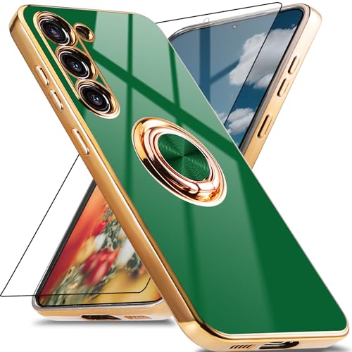 Jusy für Samsung Galaxy S23 Schutzhülle mit 360° Drehring, Magnetständer und Displayschutz - Stoßfestes Gehäuse mit luxuriösem Glanz-Finish und Elektroplattierung - Grün/Gold von Jusy