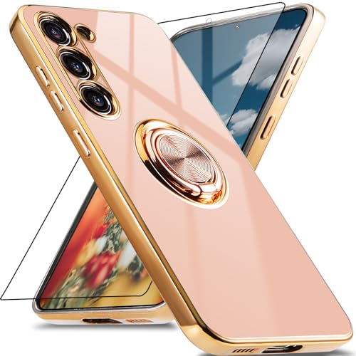 Jusy für Samsung Galaxy S23 Schutzhülle mit 360° Drehring, Magnetständer und Displayschutz - Stoßfestes Gehäuse mit luxuriösem Glanz-Finish und Elektroplattierung - Rosa/Gold von Jusy