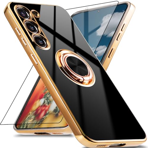 Jusy für Samsung Galaxy S23 Schutzhülle mit 360° Drehring, Magnetständer und Displayschutz - Stoßfestes Gehäuse mit luxuriösem Glanz-Finish und Elektroplattierung - Schwarz/Gold von Jusy