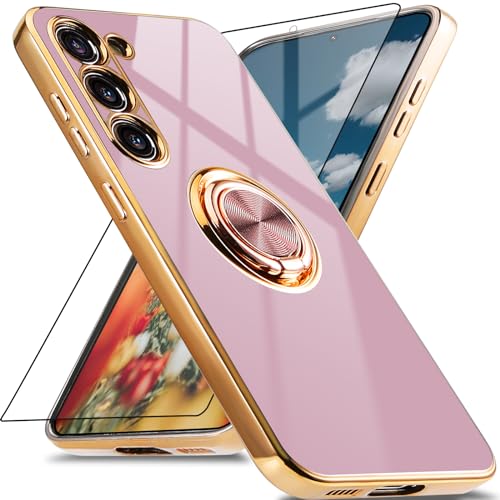 Jusy für Samsung Galaxy S23 Schutzhülle mit 360° Drehring, Magnetständer und Displayschutz - Stoßfestes Gehäuse mit luxuriösem Glanz-Finish und Elektroplattierung - Violet/Gold von Jusy