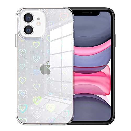 Kompatibel mit iPhone 11 Pro Hülle, Jusy Love Clear Holographic Heart Phone Case for Women Kids, Ästhetic Glitter Cute Fashion Phone Skin, Soft Silicone Slim Fit Protective Cover for iPhone von Jusy