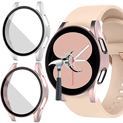 Jvchengxi [2 Stück Hülle für Samsung Galaxy Watch 4 44mm Glas Schutzhülle, HD Kratzfest Schutzfolie Hart Matt PC Vollschutz Gehäuse Displayschutz Case für Galaxy Watch 4 44mm (Silber/Roségold) von Jvchengxi