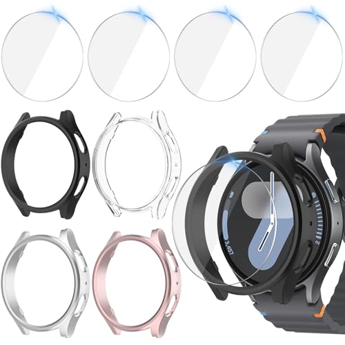 Jvchengxi 4+4Stück Schutzhülle 44mm für Samsung Galaxy Watch 7, Hart PC Bumper Schutz Hülle + Gehärtetes Glas Displayschutz Kratzfest Schutzfolie Galaxy Watch 7 (Schwarz+Silber+Roségold+Klar) von Jvchengxi