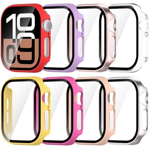 Jvchengxi 8-Farben Displayschutz Hülle 42mm für Apple Watch Series 10 (2024) mit Gehärtetem Glas, Anti-Kratzer PC Schutzhülle HD Glas Schutzfolie Vollständiger Schutz Case für iWatch Series 10 42mm von Jvchengxi