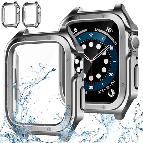 Jvchengxi Hülle 40mm für Apple Watch SE SE2 Series 6 5 4 mit Glas Displayschutz, Wasserdicht PC Schutzhülle HD Kratzfest Gehärtetes Glas Schutzfolie Schutz Case für iWatch 40mm, Titan*2 von Jvchengxi