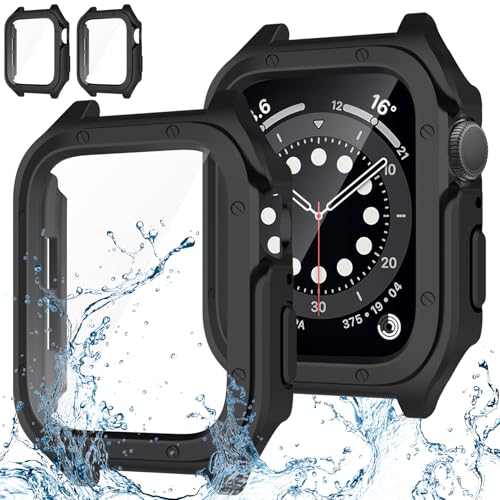 Jvchengxi Hülle 44mm für Apple Watch SE SE2 Series 6 5 4 mit Glas Displayschutz, Wasserdicht PC Schutzhülle HD Kratzfest Gehärtetes Glas Schutzfolie Schutz Case für iWatch 44mm, Schwarz*2 von Jvchengxi