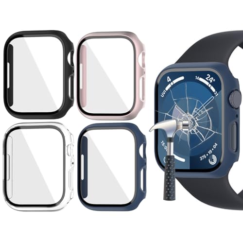 Jvchengxi Matt Hülle 41mm für Apple Watch Series 8 / Series 7 Glas Schutzhülle, [4 Stück] Hart PC Gehäuse HD Schutzfolie Kratzfest Displayschutz Ultradünne Schutz Case(Klar/Schwarz/Roségold/Navy Blau) von Jvchengxi