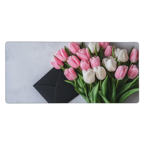 Rosa Mauspad, Mousepad XXL 1500 x 800 x 3mm Groß Gaming Mauspad Tulpe Mouse Pad, rutschfeste Gummibasis,Vernähte Kanten WassXerdicht Großer Erweiterter Schreibtisch Schutz Für Zimmer Deko -71 von Jvyaeen