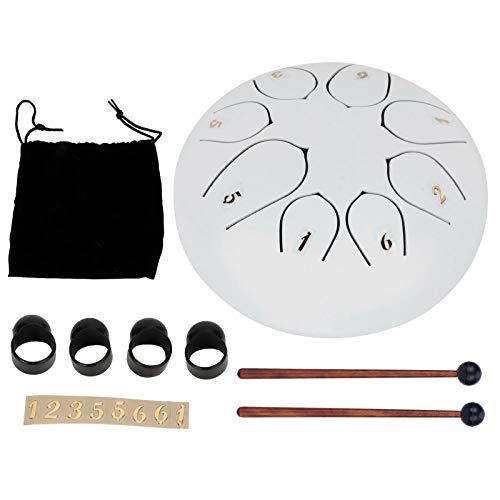 Zungentrommel aus Stahl, 6 Zoll, 8 Noten, Zungentrommel, Schlaginstrument, Handpan-Trommel mit Tasche, Trommelschlägel, Fingerpicks, Musikbuch für Meditation (Weiß) von Jwthee