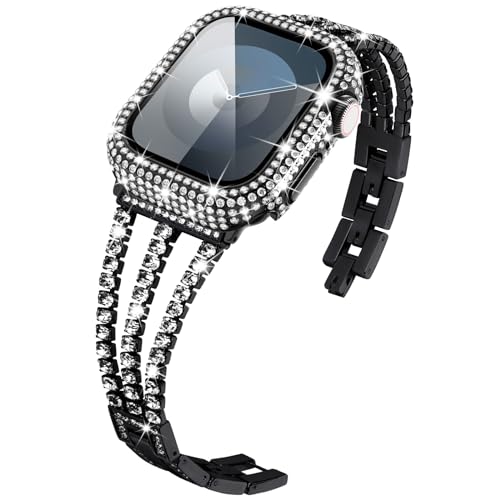 KADES Kompatibel mit Apple Watch Armband mit Hülle Serie 3 2 1, funkelndes Glitzer-Diamant-Armband mit vollen Diamanten, schützender Stoßfänger, eingebauter Displayschutz aus gehärtetem Glas (42 mm, von KADES