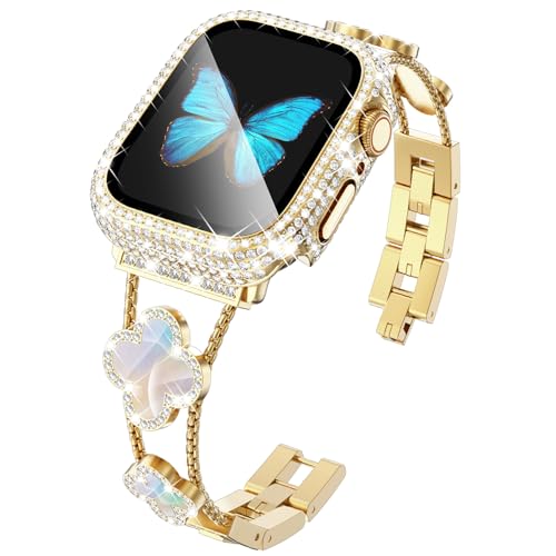 KADES Vierblättriges Kleeblatt-Armband für Apple Watch, 46 mm, mit Volldiamant-Schutzhülle, eingebauter Displayschutz aus gehärtetem Glas, für Apple Watch Serie 10 für Damen (46 mm, Gold/Schillernd) von KADES