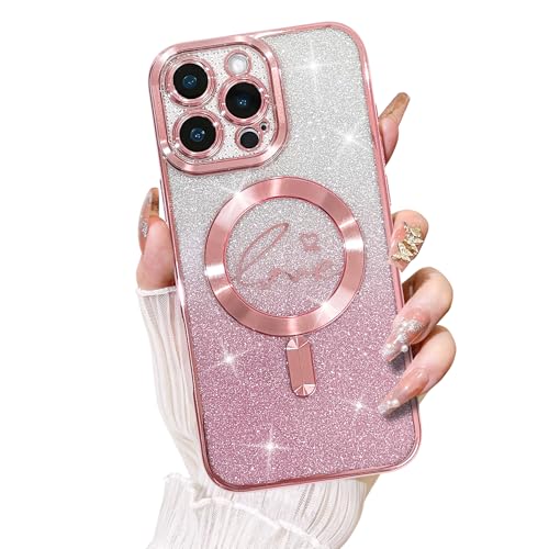 KANGHAR Magnetische Glitzer Hülle für iPhone 16 Pro Max, Klar Farbverlauf Liebe Herz Muster [Kompatibel mit Magsafe Charging] Kameraschutz Weiche Sparkle Cover für Frauen Mädchen (Rosa) von KANGHAR