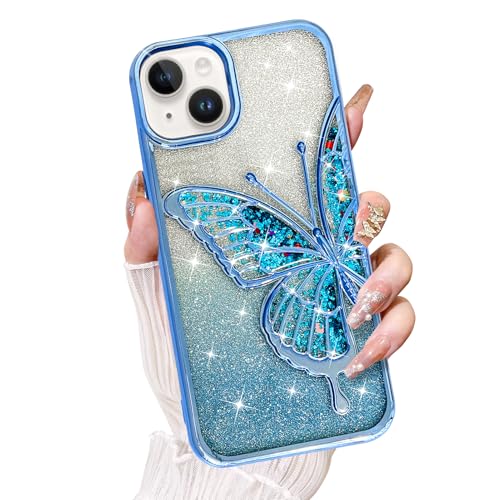 KANGHAR Schutzhülle für iPhone 15 Plus, 17 cm (6,7 Zoll), transparent, Glitzer, Treibsand, 3D-Schmetterling, Bling, für Damen und Mädchen, niedlicher Farbverlauf, glitzernd, weiche Schutzhülle für 15 von KANGHAR