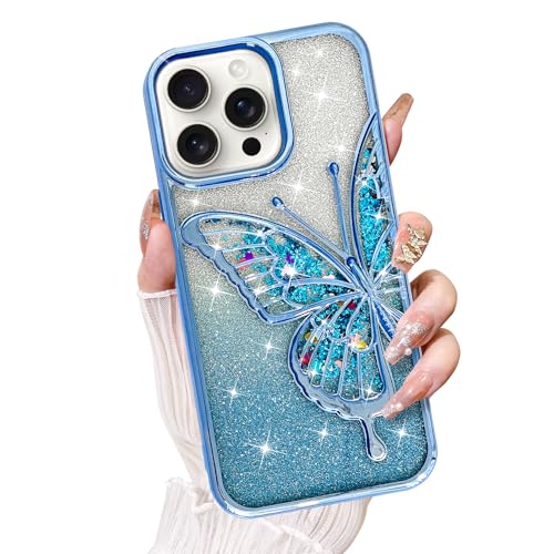 KANGHAR Schutzhülle für iPhone 15 Pro Max, 17 cm (6,7 Zoll), transparent, Glitzer, Treibsand, 3D-Schmetterling, Bling, für Damen und Mädchen, niedlicher Farbverlauf, glitzernd, weiche Schutzhülle für von KANGHAR