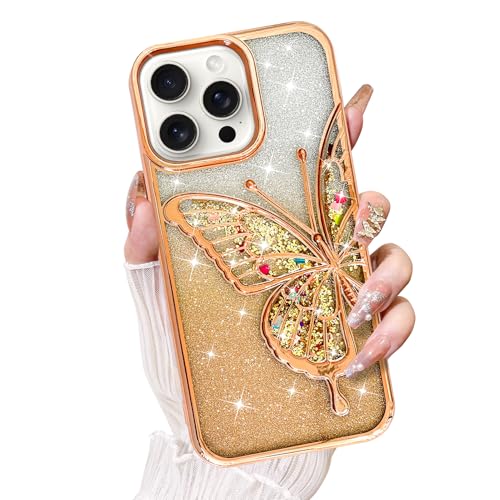 KANGHAR Schutzhülle für iPhone 15 Pro Max, 17 cm (6,7 Zoll), transparent, Glitzer, Treibsand, 3D-Schmetterling, Bling, für Damen und Mädchen, niedlicher Farbverlauf, glitzernd, weiche Schutzhülle für von KANGHAR