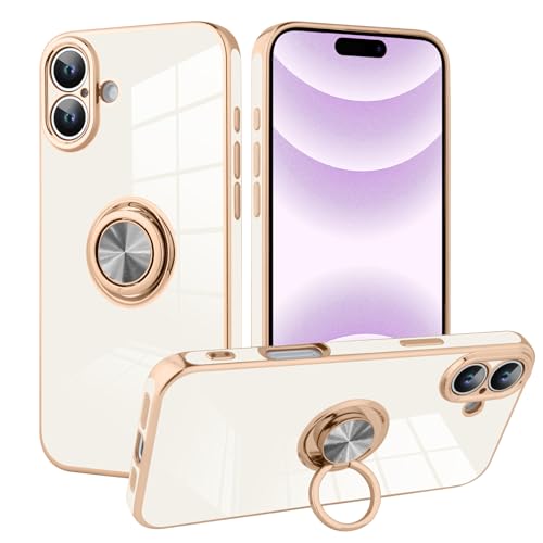 KANGHAR Schutzhülle für iPhone 16, mit Handy-Ring-Ständer, Rundumschutz, beschichteter Roségold-Rand, luxuriöser Ständer, Schutzhülle für iPhone 16 5G, Damen, Herren, Antikweiß von KANGHAR