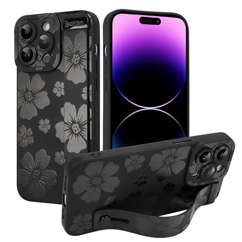 KANGHAR Schutzhülle mit Blumenmuster für iPhone 14 Pro Max, mit Handschlaufe, Ständer, niedliches Blumendesign, für Mädchen und Frauen, weiches TPU, stoßfest, Schwarz von KANGHAR