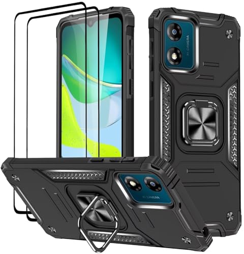 KANSi Hülle für Motorola Moto E13, Schutzfolie [2 Stück] Silikon TPU Hart PC Handy Hüllen 360 Grad Drehbar Ringhalter Bumper Stoßdämpfung Schutzhülle - Schwarz von KANSi