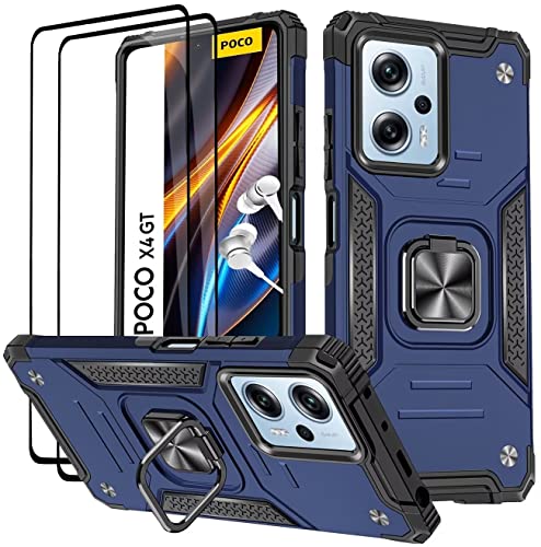 KANSi Hülle für Xiaomi Poco X4 GT 5G, Schutzfolie [2 Stück] Silikon TPU Hart PC Handy Hüllen 360 Grad Drehbar Ringhalter Bumper Stoßdämpfung Schutzhülle - Blau von KANSi