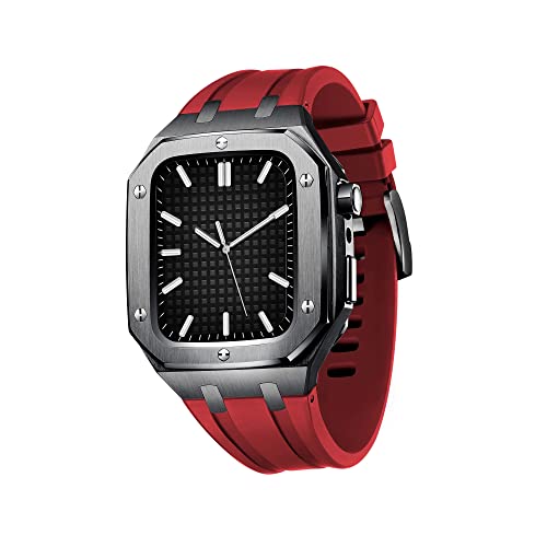 KANUZ Armband für Apple Watch, 45 mm, 44 mm, Militär-Metallgehäuse mit Silikonband, stoßfester Stoßfänger für IWatch Serie 7/SE/6/5/4, Business-Casual-Stil, Uhrenarmband (Farbe: Schwarz Rot, Größe: 44 von KANUZ