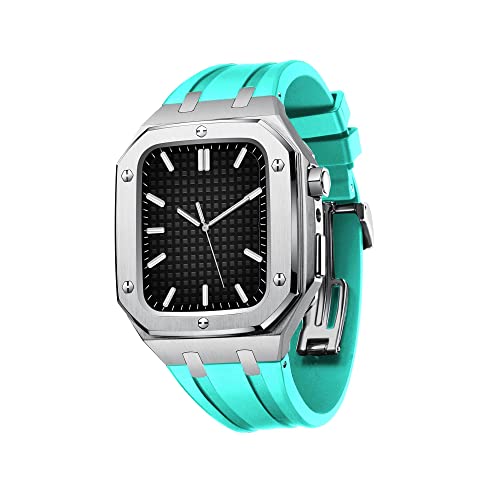 KANUZ Herren Damen Militärisches Metallgehäuse für Apple Watch Band 45 mm 44 mm Silikonband stoßfest Stoßstange Business Casual Stil Uhrenarmband für iWatch Serie 7/SE/6/5/4 (Farbe: Silber Seeblau, von KANUZ