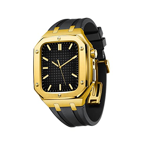 KANUZ Metallgehäuse für Apple Watch 8, 45 mm, Schutz-Silikonarmband für iWatch 7, 6, 5, 4, SE, 44 mm, Zubehör, Herren-Vollschutzhülle mit Werkzeug (Farbe: Gold, Schwarz, Größe: 45 mm für 8) von KANUZ
