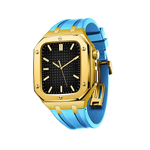 KANUZ Metallgehäuse für Apple Watch 8, 45 mm, Schutz-Silikonarmband für iWatch 7, 6, 5, 4, SE, 44 mm, Zubehör, Herren-Vollschutzhülle mit Werkzeug (Farbe: Goldblau, Größe: 45 mm für 7) von KANUZ