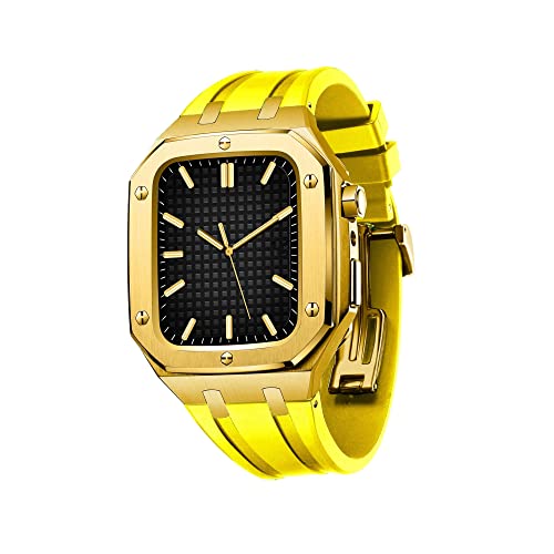 KANUZ Militärische Schutzhülle, Uhrenarmbänder für Apple Watch, 45 mm, 44 mm, Metall-Schutzhülle mit Silikonband, stoßfester Stoßfänger (Farbe: Goldgelb, Größe: 45 mm für 7) von KANUZ