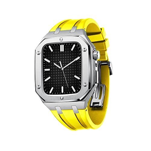 KANUZ Militärische Schutzhülle für Apple Watch, 45 mm, 44 mm, Metall-Schutzhülle mit Silikonband, stoßfester Stoßfänger (Farbe: Silbergelb, Größe: 45 mm für 7) von KANUZ