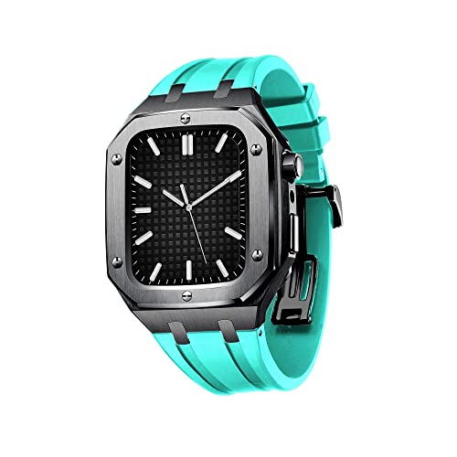 KANUZ Militärische Schutzhülle für Apple Watch Serie 7, SE, 6, 5, 4, Metall-Schutzhülle mit Silikonband, stoßfest, 45 mm, 44 mm (Farbe: Schwarz, Seegrün, Größe: 45 mm für 7) von KANUZ