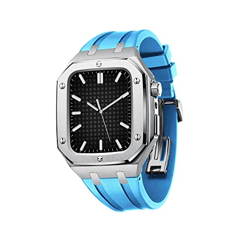 KANUZ Militärische Schutzhülle für Apple Watch Serie 7, SE, 6, 5, 4, Metall-Schutzhülle mit Silikonband, stoßfest, 45 mm, 44 mm (Farbe: Silber, Himmelblau, Größe: 45 mm für 7) von KANUZ