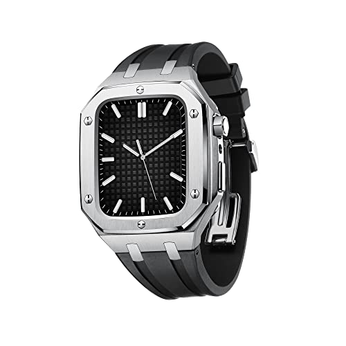 KANUZ Militärische Schutzhülle für Apple Watch Serie 7, SE, 6, 5, 4, Metall-Schutzhülle mit Silikonband, stoßfest, 45 mm, 44 mm (Farbe: Silber-Schwarz, Größe: 44 mm für 6/5/4/SE) von KANUZ
