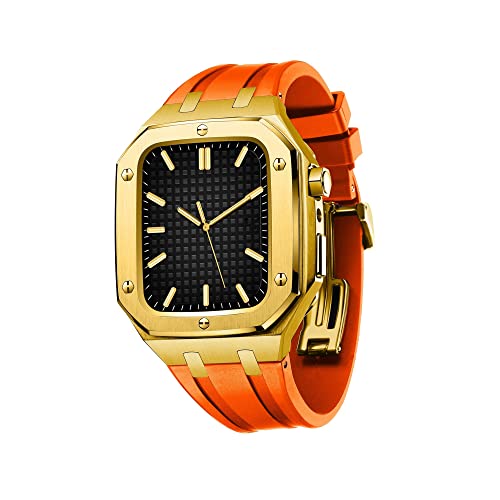 KANUZ Militärisches Metallgehäuse für Apple Watch Serie 7, SE, 6, 5, 4, Silikonband, stoßfest, Stoßstange, 45 mm, 44 mm, Uhren-Mod-Kit-Zubehör (Farbe: Gold-Orange, Größe: 44 mm für 6/5/4/SE) von KANUZ