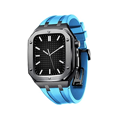 KANUZ Militärisches Metallgehäuse für Apple Watch Serie 7, SE, 6, 5, 4, Silikonband, stoßfest, Stoßstange, 45 mm, 44 mm, Uhren-Mod-Kit-Zubehör (Farbe: Schwarz Himmelblau, Größe: 44 mm für 6/5/4/S von KANUZ