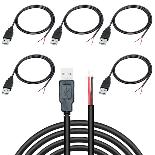 KARELLS USB Pigtail 5 Stück,2 adriges USB 2.0-Kabel,2-poliger blanker Draht mit offenem Ende,0,3 m langes USB Steckerkabel,USB Stecker Stromkabel,Verlängerungskabel,USB Stromladekabel,USB Ersatzkabel von KARELLS