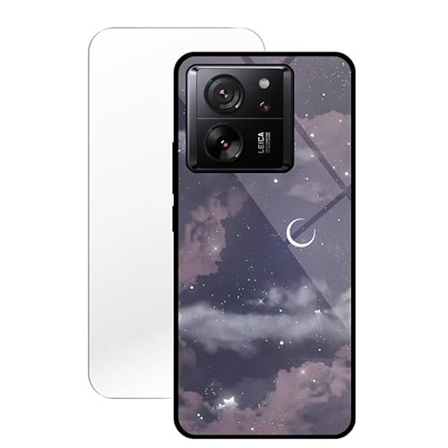 KARTXITAI Hülle Kompatibel mit Xiaomi 13T/13T Pro,Stoßfest Hybrid Schutzhülle [TPU Silikon Bumper+Glas Rückseite] mit Sternenhafter Mondhimmel Motiv Handyhülle Cover+Glas Displayschutz von KARTXITAI