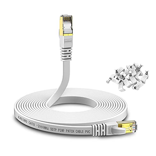 KASIMO CAT 8 Lan Kabel 15 meter Flach 40 Gbits / 2000MHz – Netzwerkkabel Cat 8 Gigabit - Ethernet Kabel mit vergoldetem RJ45 Patchkabel Weiß von KASIMO