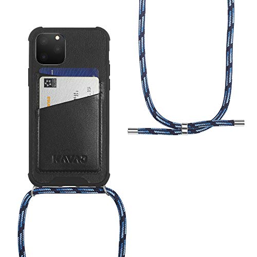 KAVAJ Hülle mit Band geeignet für Apple iPhone 11 6.1" Leder - Amsterdam - Handyhülle Handykette Handytasche mit Kette zum Umhängen - Kordel Blau/Ring Silber von KAVAJ