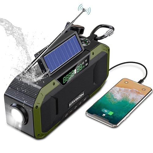 KAYINOW Solar Kurbelradio-Bluetooth Lautsprecher HandyLadefunktion, IPX5 wasserdichtes tragbare klein Kurbelradio, Notfall AM FM tragbar, 5000mAh Akku, Camping, Outdoor, Taschenlampe, SOS, Kompass von KAYINOW