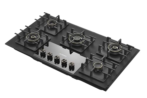 KB ELEMENTS ELK132GH5 Gaskochfeld 5 Flammig, Gaskochfeld 90cm, 12,75 kW, Kupfer- und Aluminium-Brennern, Gusseisenrost, NG/LPG Konvertierbar, Gaskochfeld mit Flammenschutz,Schwarzes Gehärtetes Glas von KB ELEMENTS