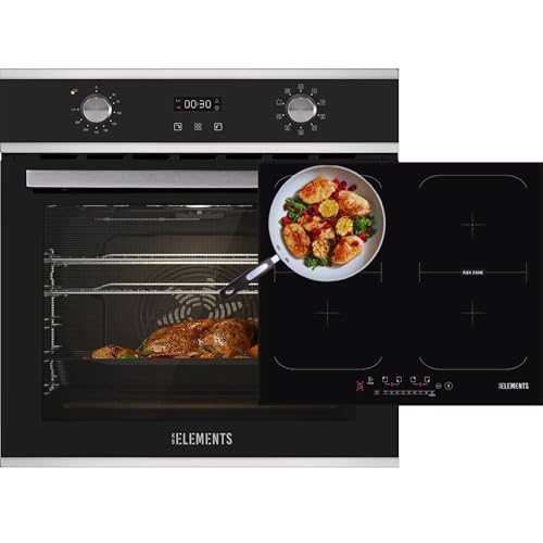 KB-ELEMENTS Herdset - Einbaubackofen mit Induktionskochfeld, 60 CM Einbaubackofen 70 Liter, Induktionskochfeld 59 cm, Pizzafunktion, Grill, Umluft, Timer, Flexzone, Schwarz-Silber von KB ELEMENTS