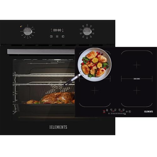 KB-ELEMENTS Herdset - Einbaubackofen mit Induktionskochfeld, 60 CM Einbaubackofen 70 Liter, Induktionskochfeld 59 cm, Pizzafunktion, Grill, Umluft, Timer, Flexzone von KB ELEMENTS