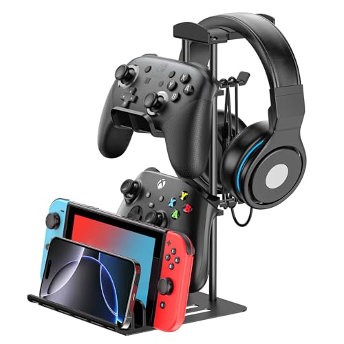 KDD Gaming Headset Ständer, Controller Halter & Kopfhörer Halterung Tisch, Headphone Stand mit Aluminium-Stange, Universaler für Switch iPad Handy (Schwarz) von KDD