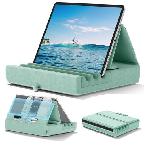 KDD Tablet Halter Kissen, Faltbarer Ipad Ständer für Schoß Bett Schreibtisch - Tablet Weicher Kissenhalter mit Tasche & Stylus Halterung für Ipad Pro 12.9 10.5 9.7 Air Mini 6 5 4 E-Reader, Grün von KDD