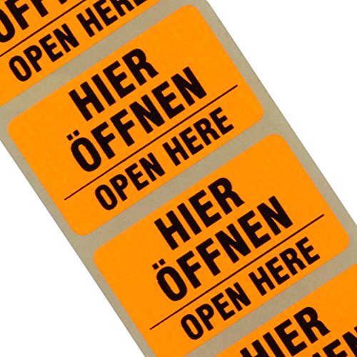 1000 Etiketten "Hier öffen/open here" Haftpapier 38 x 23 mm leuchtend orange 2-sprachig von KDS