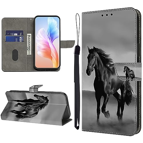 KEDBBAO Handyhülle für Honor 90 Lite Hülle Muster Klapphülle für Honor 90 Lite Leder Tasche Case Flip Magnet Motive Wallet Schutzhülle für Honor 90 Lite Hüllen, Schwarzes Pferd von KEDBBAO