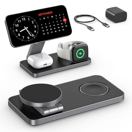 Kabelloses Ladegerät mit MagSafe, 3 in 1 Ladestation für Apple, Faltbar Induktive Wireless Charger für iPhone 16 15 14 13 12, Apple Watch 9/8/7/6/SE/5/4/3/, AirPods Pro mit Schnell-Adapter von KEEPRO