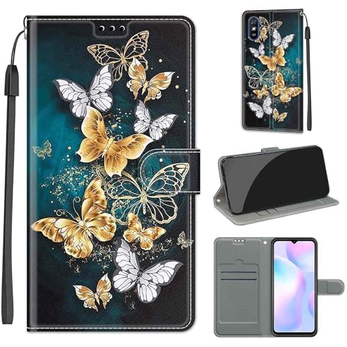 KENHONER Handyhülle für Xiaomi Redmi 9A Hülle, Redmi 9A Hülle, Premium Leder Flip Klappbare Stoßfeste Magnetische [Standfunktion] [Kartenfächern] Schutzhülle Tasche - Schmetterling von KENHONER