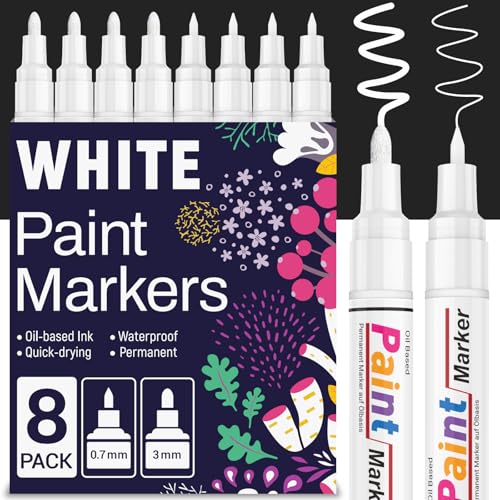 KERIFI Permanent Marker Wasserfeste Stifte, 8 Lackstift Weiß Wasserfest, Schnell Trocknender Paint Pen für Steine Bemalen Metall Kunststoff Reifen Schwarzes Papier Holz Keramik Glas Stoff 0.7mm & 3mm von KERIFI