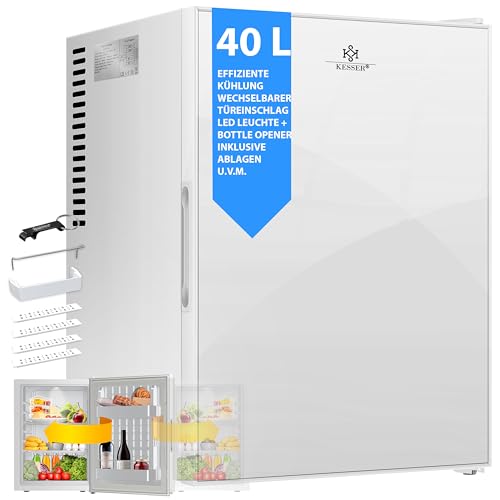 KESSER® Minikühlschrank mit Glasfront, Minibar 40Liter Nutzinhalt, Leise 22db, Abschließbar, Schlafzimmer, Wechselbarer Türanschlag, ca. 6°-12°C Höhe 57cm, Innenbeleuchtung Tisch-Kühlschrank von KESSER